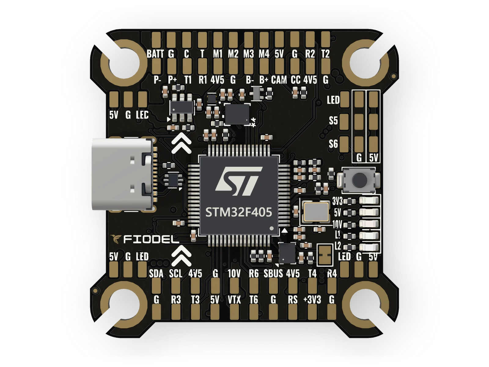 Fiodel F405 Flight Controller — top view of the assembled board