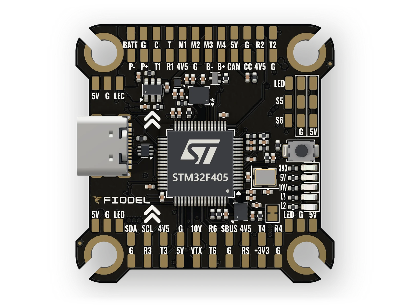 Fiodel F405 Flight Controller — top view of the assembled board