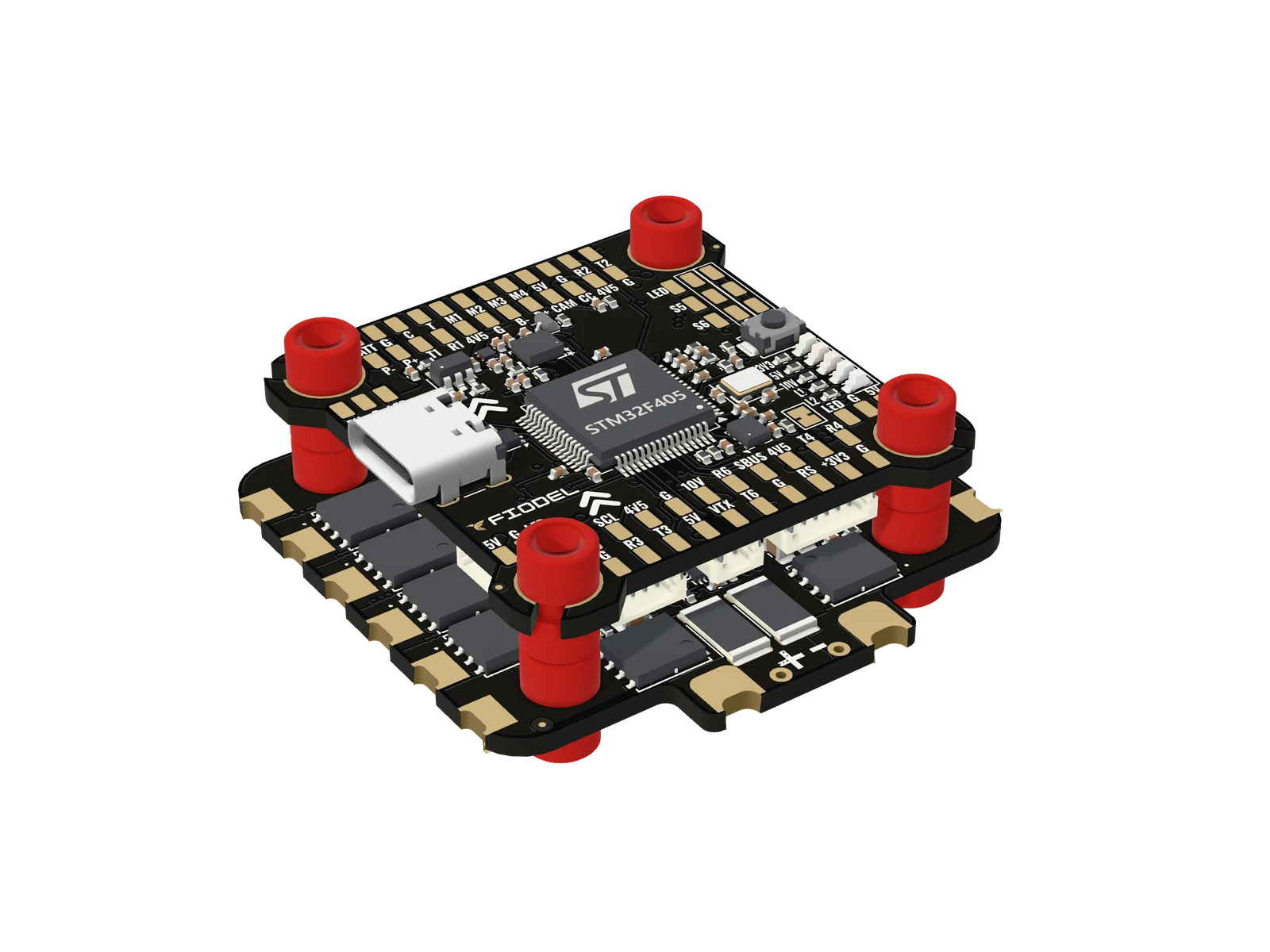 Fiodel F405 flight controller mounted above the Fiodel 4-in-1 ESC on rubber grommets