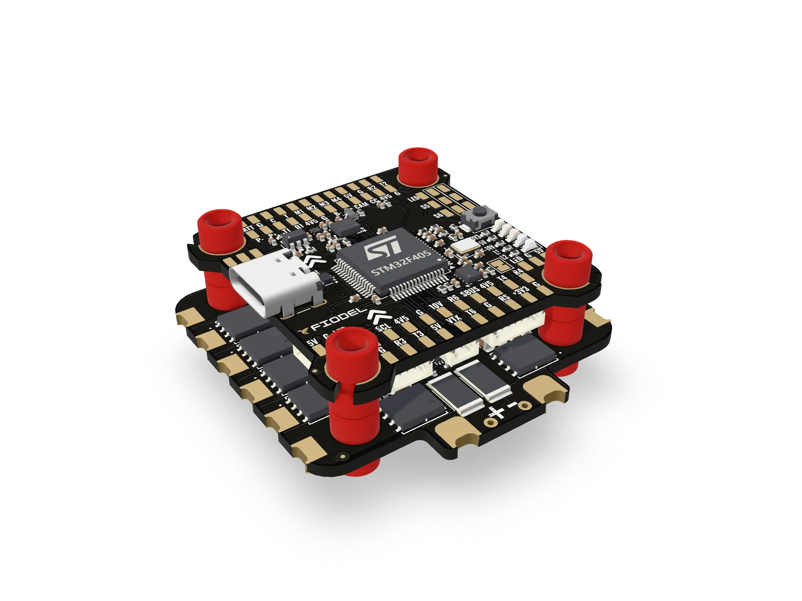Fiodel F405 flight controller mounted above the Fiodel 4-in-1 ESC on rubber grommets